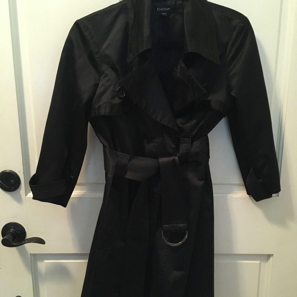 Bebe black satin trench coat size small